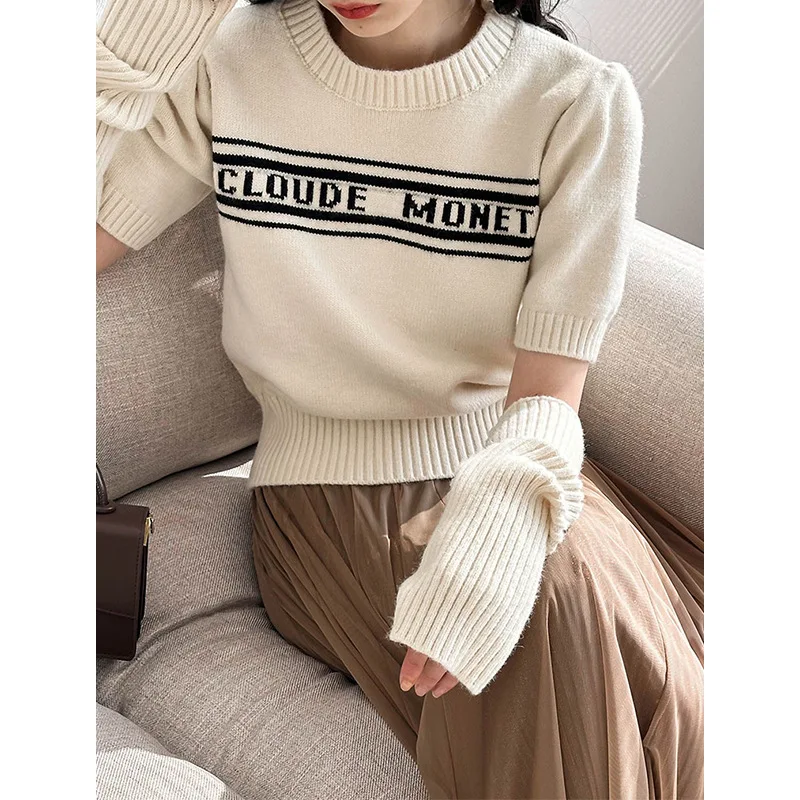 

Women Knitted Short-sleeved T-shirt with Oversleeve Korean Fashion Trend Letters Embroidery Y2k Tops Round Neck Knit Short Tees