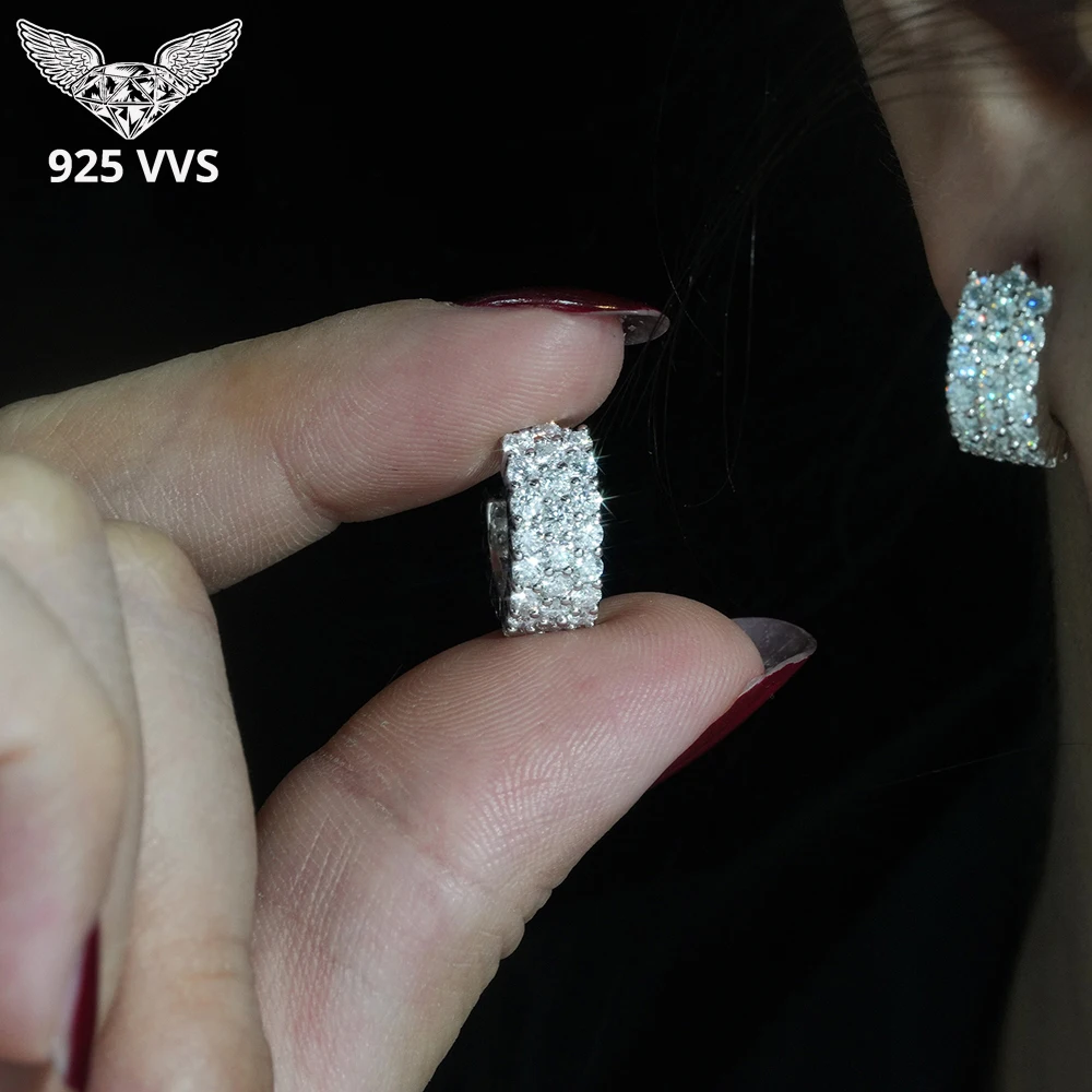 3 Rows All Moissanite Hoop Earrings S925 Silver & Diamond for Women Stud Earrings Wedding Gift Fine Jewelry GRA Certified