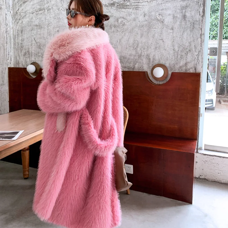الدانتيل يصل النساء الشتاء الفراء الاصطناعي سترة اللون منعت بولو الرقبة جيوب معطف فرو المنك للإناث مقطعة الخصر سيدة معطف الفرو
