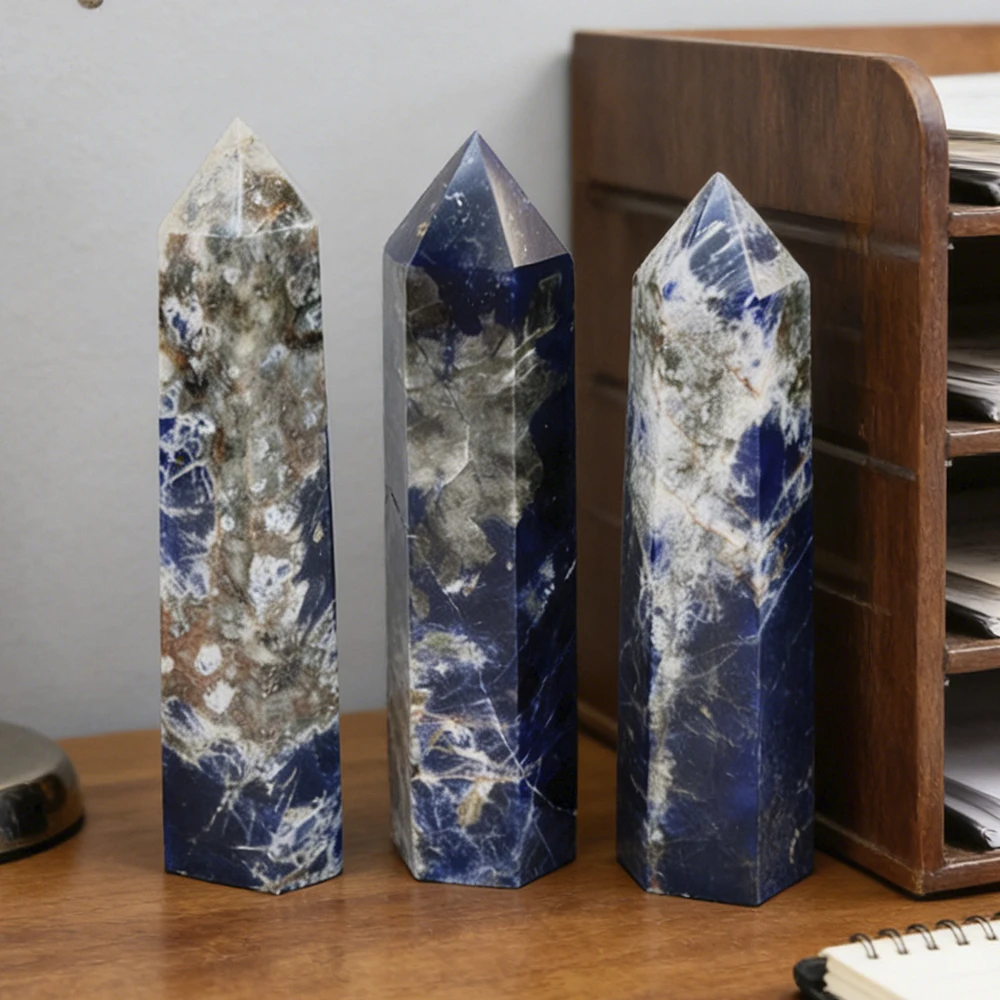 Polished Blue Sodalite Obelisk - Hexagonal Single Point Crystal for Office Desk Decor, Calming Energy & Unique Spiritual Gift