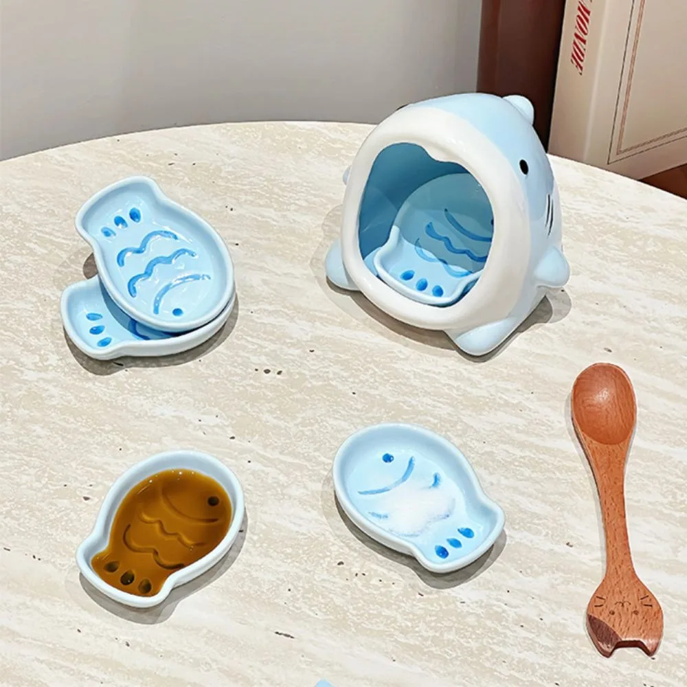 Ceramic Shark Sauce Dish Set Under-glaze Surface Cartoon Seasoning Dish Blue Heat-resistant Fish Dipping Dish Set Dinning Table