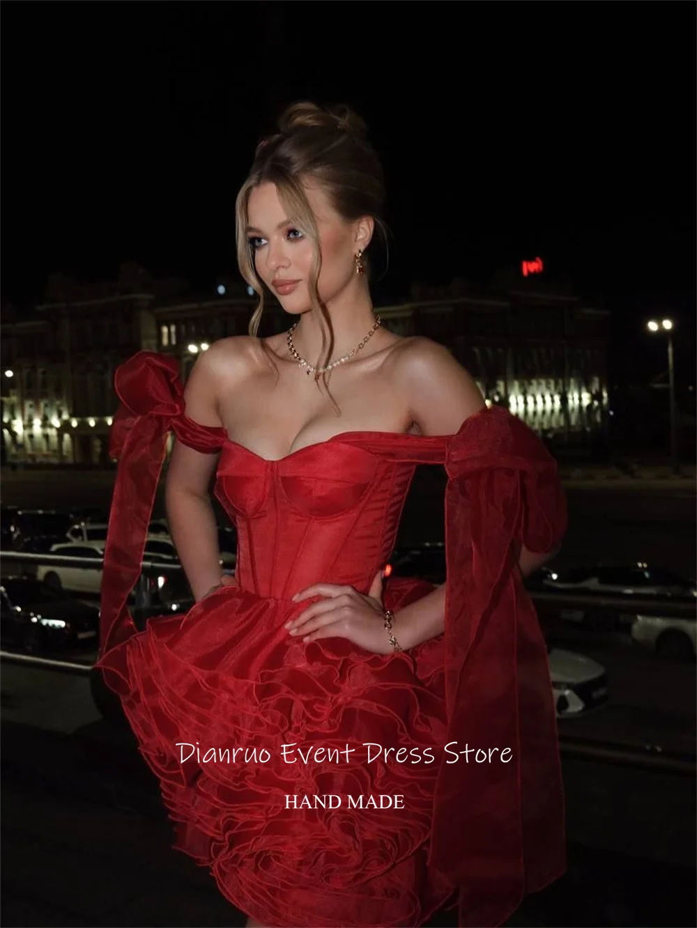 Dianruo Ruffled Tiered Organza Mini Prom Dress A Line Red Evening Dresses Off Shoulder Sweetheart Robes De Cocktail Customized