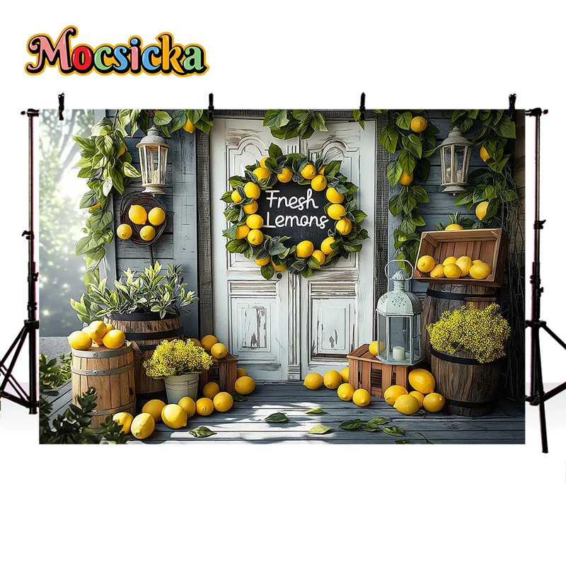 Mocsicka Photography Background Lemon Theme Happy Birthday Party Wooden Door Backdrop Cake Smash Photo Banner Studio Props