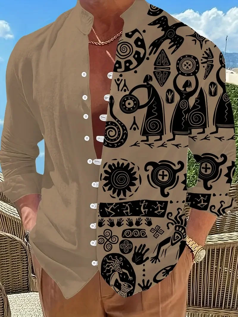 Men's Long Sleeve Shirt New Printed Button Shirt Fashion Loose Men's Shirt Casual Clothing Muslim Men's Clothing.