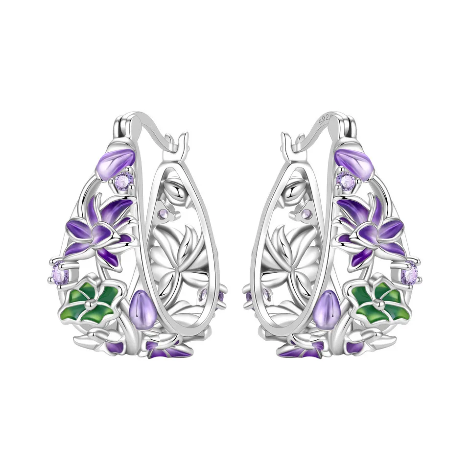 Hapilife S925 Sterling Silver Purple Flowers Earrings Hoop Women Jewelry Original Party Trendy Anniversary Gifts