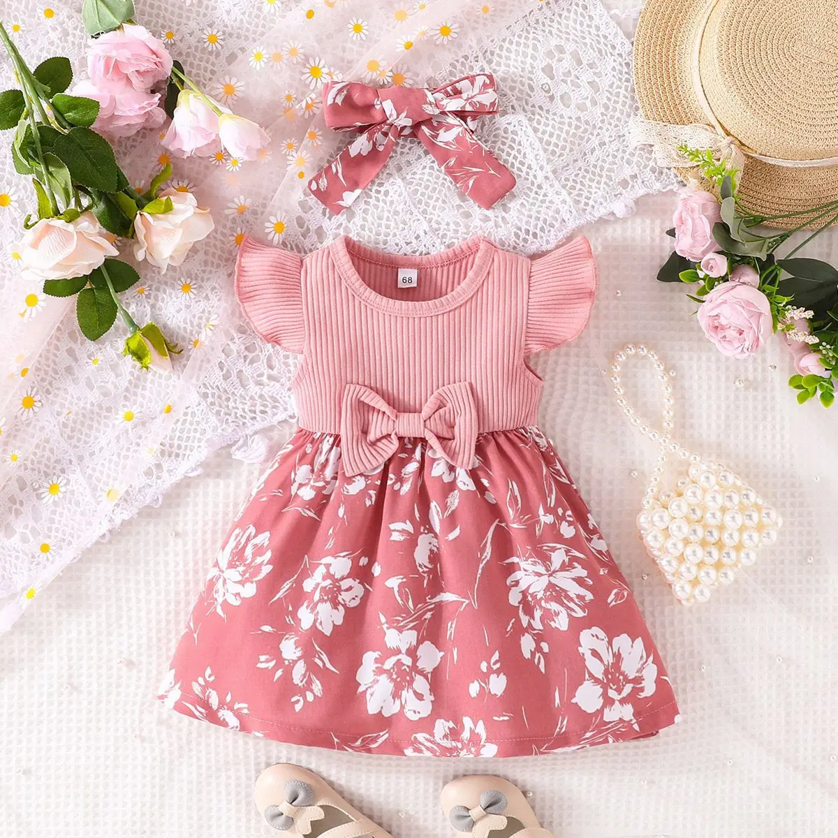 2024 Summer Infant Toddler Sweet Bow Fly Sleeve Dress European And American Style Girls Ins Style Hundred Days Princess Dress