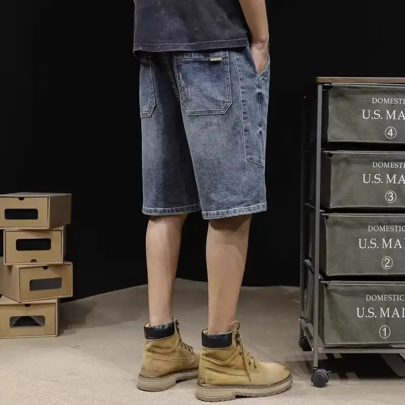 American Style Trousers Summer New Men's Stylish Loose Casual High Street Patchwork Elastic Drawstring Pockets Hole Jeans Short