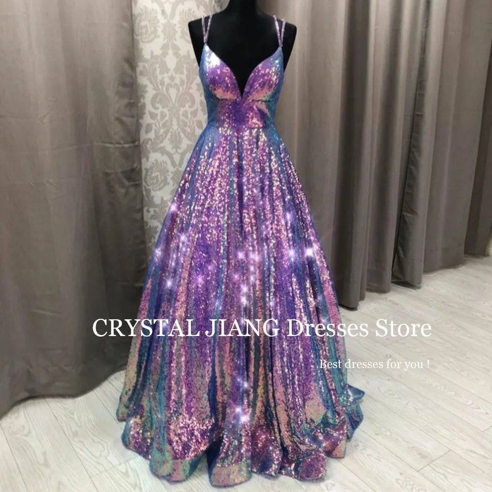 Sexy Long Spaghetti Straps Sequined V Neck Prom Dresses Vestido Festa Sleeveless A Line Sweep Train  فساتين سهرة فخمه 2023