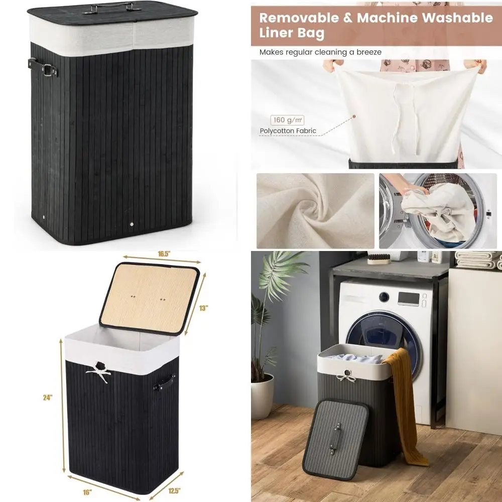 

Большая бамбуковая корзина для белья с крышкой, вместимость 72 л, съемный вкладыш и ручки, прямоугольный дизайн