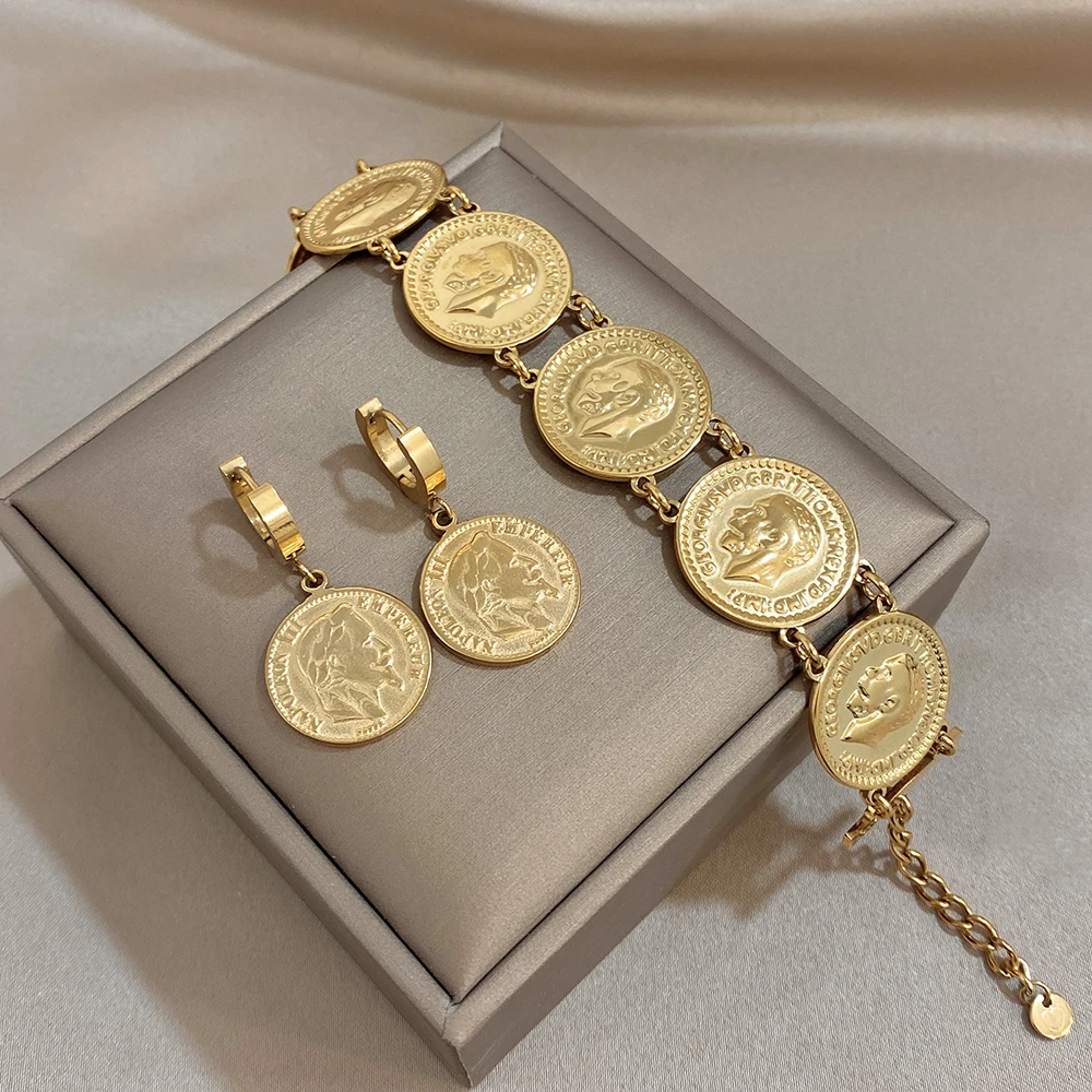 Vintage Vergoldete Edelstahl-Münzen Tropfen-Ohrringe Armband Klassische Ethnische Manschetten-Armbänder Ohrringe Wasserfester Schmuck