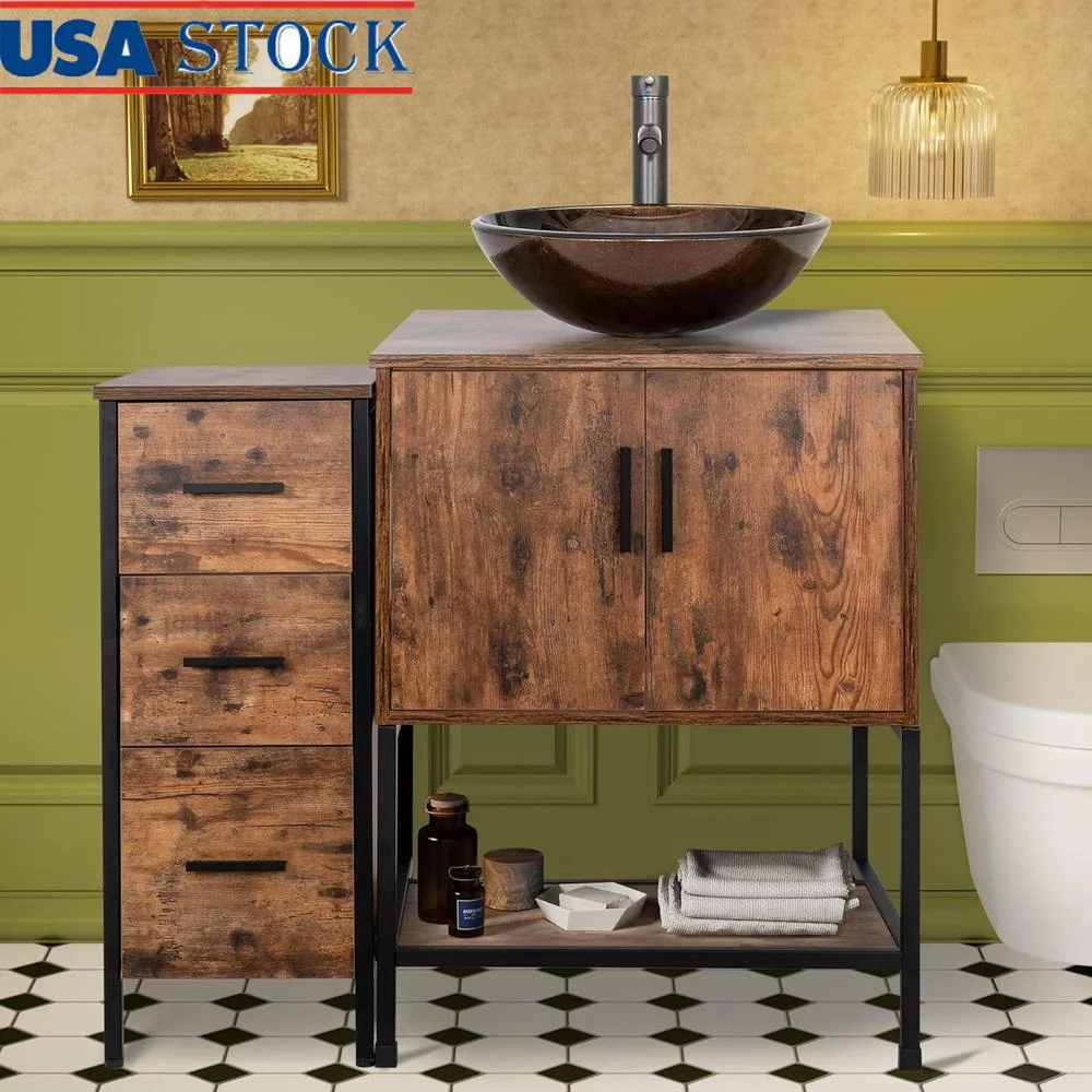 Antique Dark Brown Bathroom Vanity Set with Sink 3 Drawers and Side Cabinet Combo Iron Wood Storage Durable Stylish Design Easy