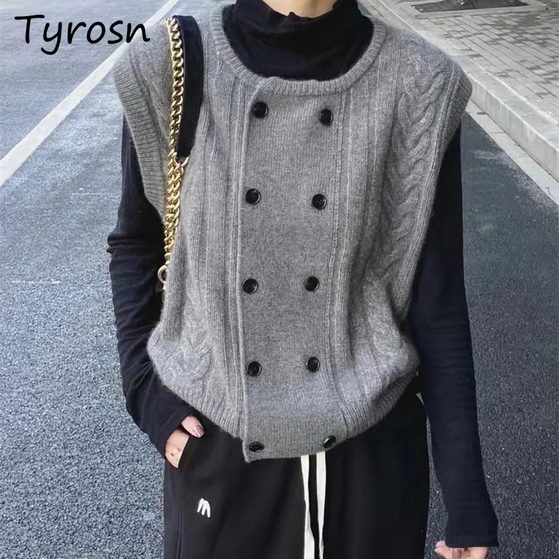 

High-grade Twist Sweater Vests Women Double-breasted O-neck Knitted Casual Simplicity French Style Elegant Autumn Winter Fashion