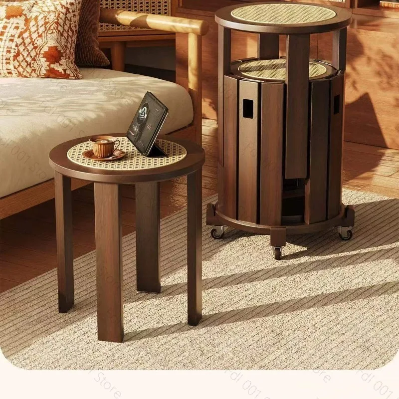 Wood Round Stool with Rattan Seat, Breathable Woven Wicker Stool for Living Room/Dining, Stackable Space Saving Extra Seating