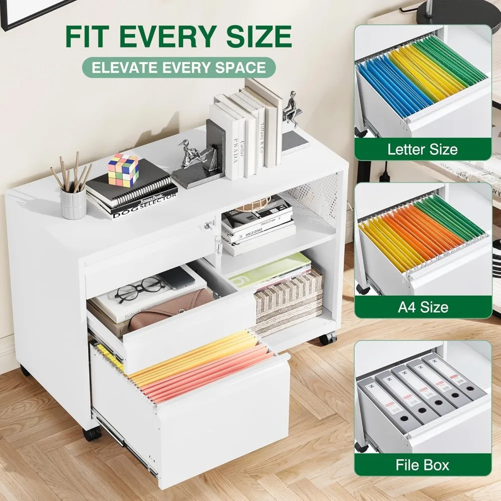 خزانة ملفات معدنية آمنة ذات 3 أدراج على عجلات، نظام حفظ الملفات الجانبي مع قفل، خزانة تخزين مع أرفف للمنزل والمكتب Orga