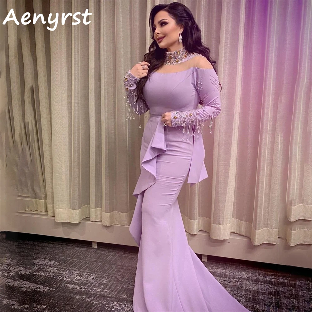 Aenyrst Purple Long Sleeves Crystal Saudi Arabia Prom Dresses Mermaid High Collar Evening Gowns Floor Length Dinner Party Dress