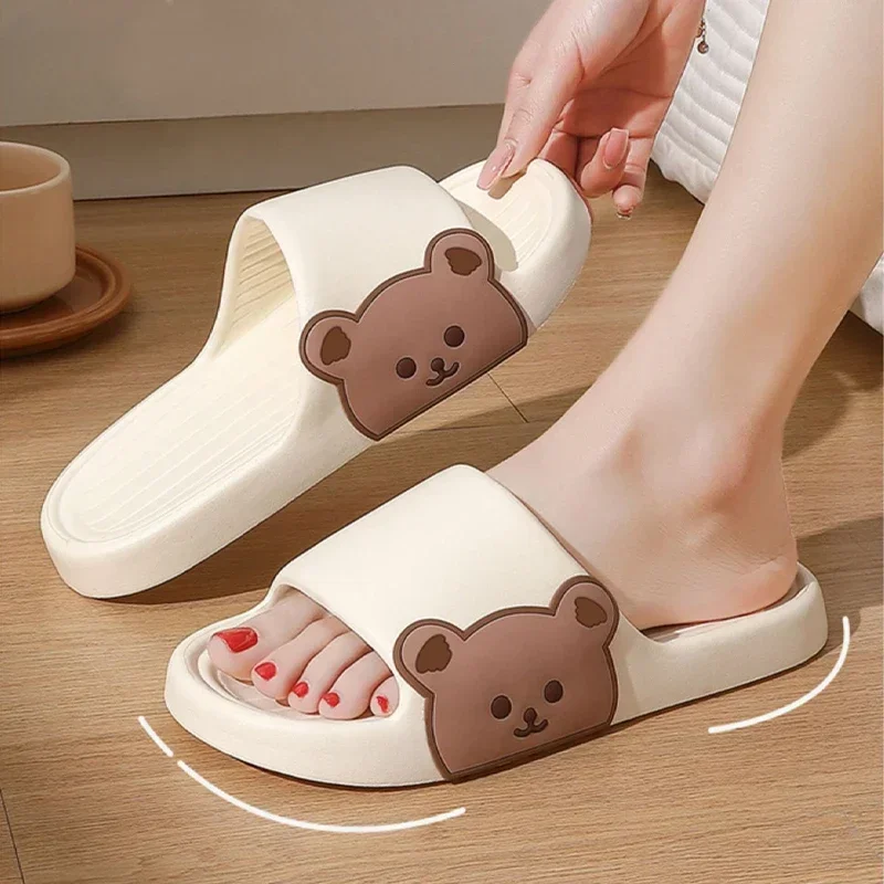 2024 Summer Women Slippers Beach Slides Cartoon Bear Flip Flops Men\'s Thick Sole Indoor Bathroom Anti-Slip Shoes Couple Sandals