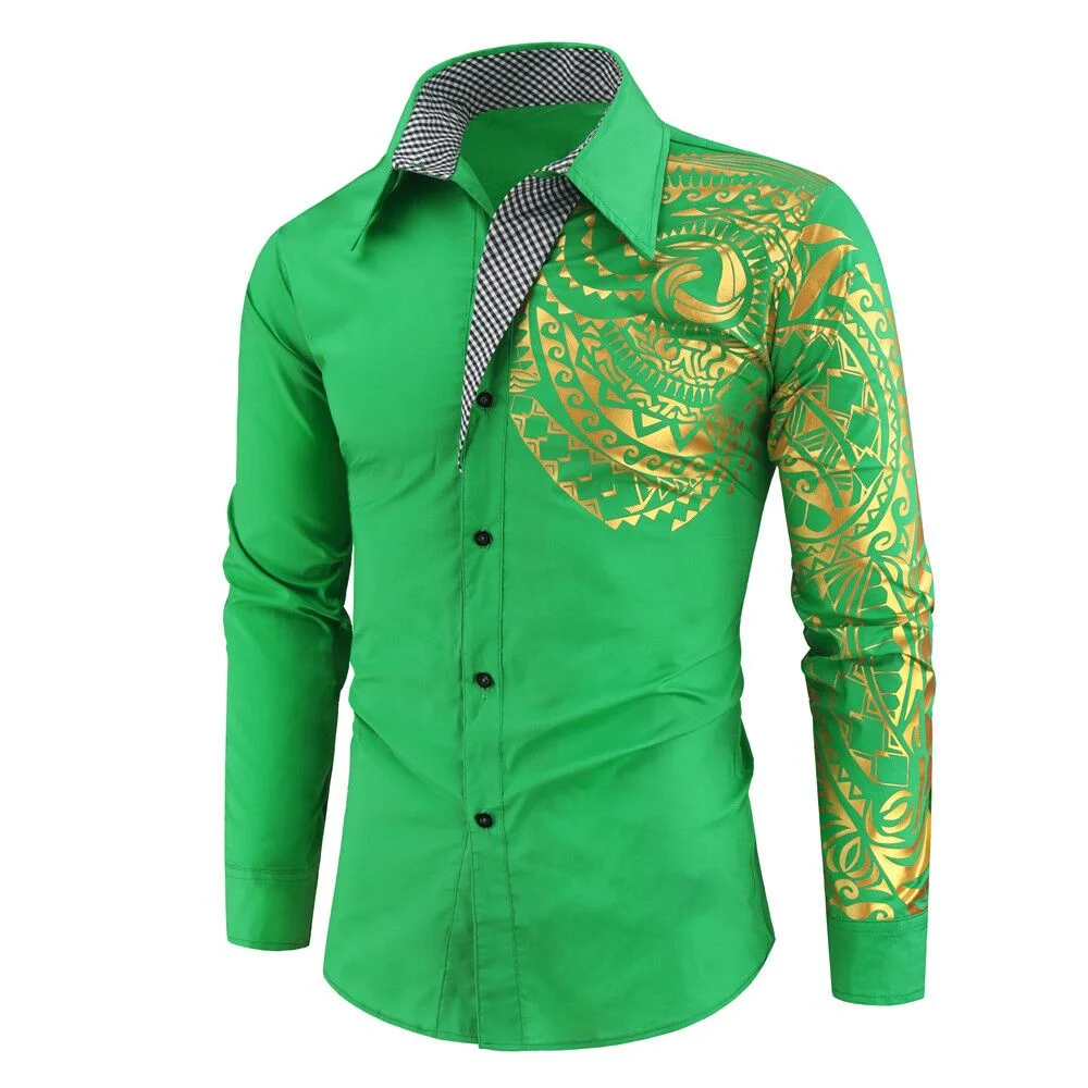 2024 spring and autumn men\'s long-sleeved shirts gold printed lapel long-sleeved tops casual temperament men\'s clothing