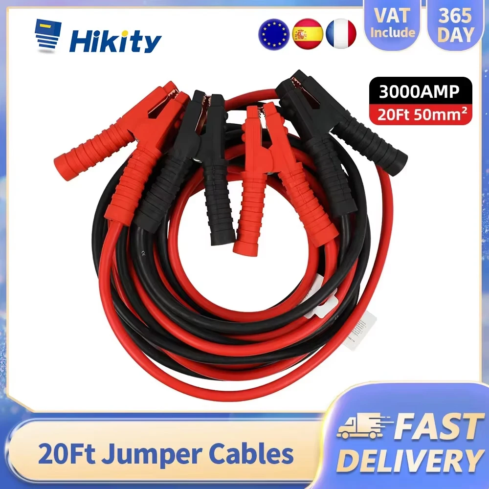 Câbles de démarrage de secours Hikity 6 mètres 3000 A pour voiture, câbles de puissance d'urgence robustes avec pinces double extrémité pour voitures et SUV