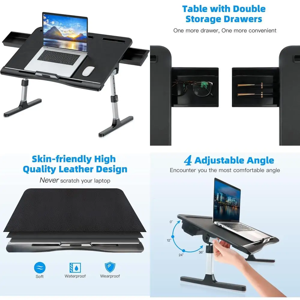 

Adjustable Leather Laptop Desk with Drawers for Bed, Ideal for Work, Eating, Gaming, and More