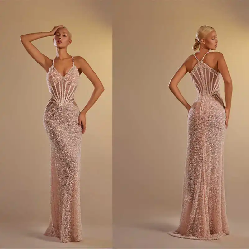

Luxury Evening Dresses Mermaid Strapless Pearls Sleeveless Backless Prom Gowns Party Dresses Customized Robe De Soirée