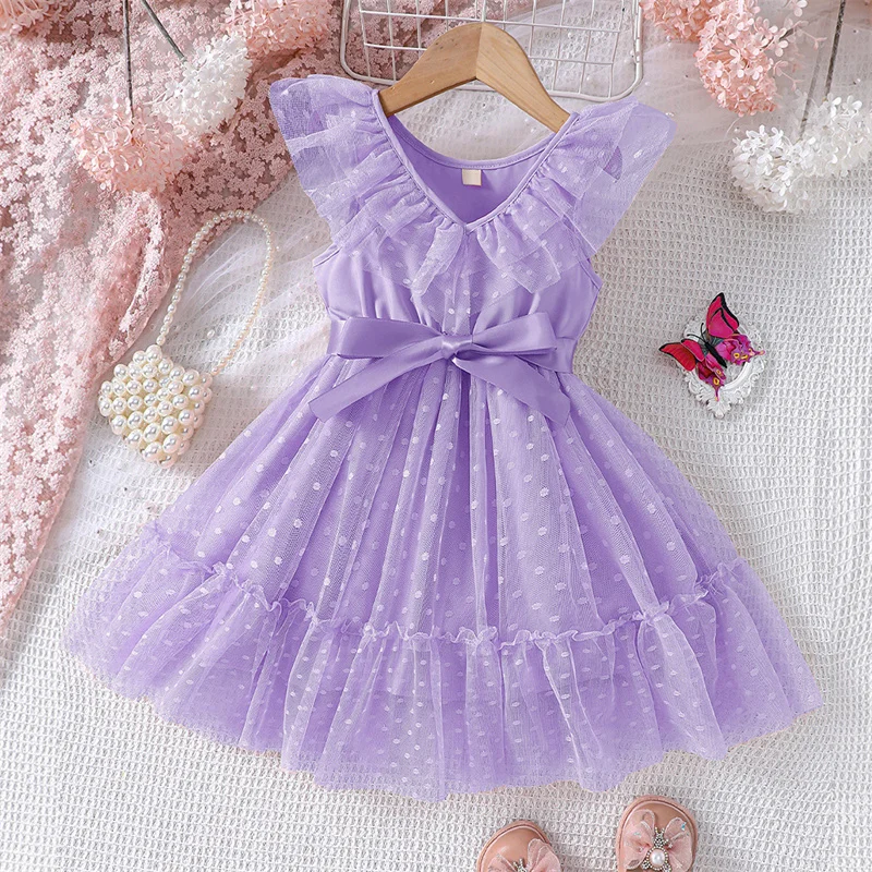 

Детское летнее платье для девочек, кружевное, в горошек, с сетчатыми вставками, 2026, новое, повседневное, из фатина, для малышей, весеннее, в стиле принцессы