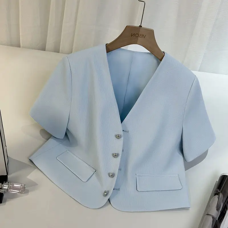 

​​2025 Light Blue Cropped Blazer Summer Women's Thin Knit Jacket Trendy Chic Coastal Inspired Minimalist Style​​