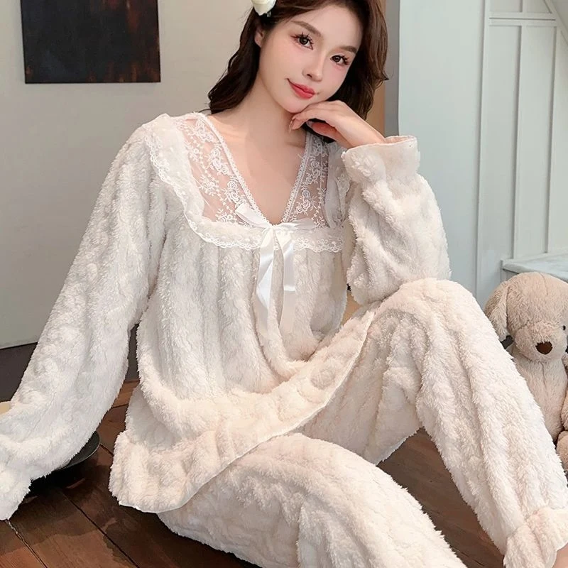Plus Size Winter Sweet Lace Princess Long Sleeve Thick Warm Flannel Pajama Sets For Women Korean Sleepwear Homewear Home Clothes