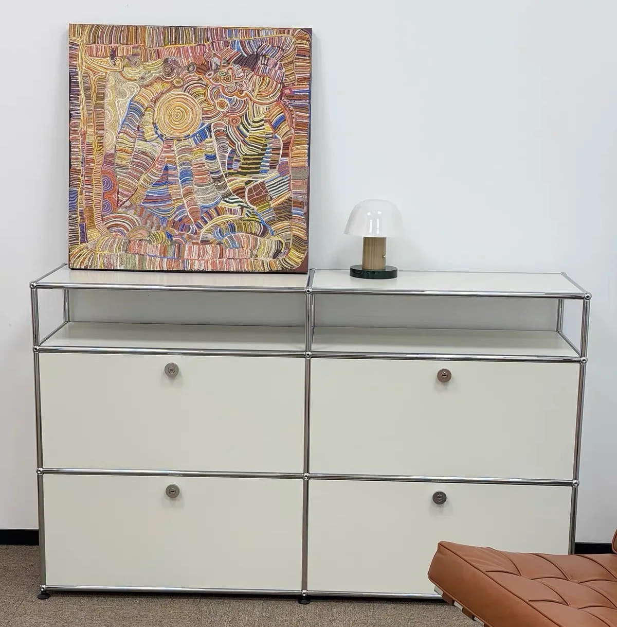 

Modern Living Room Cabinet Metal Sideboard Storage Shelf 4-Tier Sideboard with Drop Doors TV Stand Stainless Steel Home Use