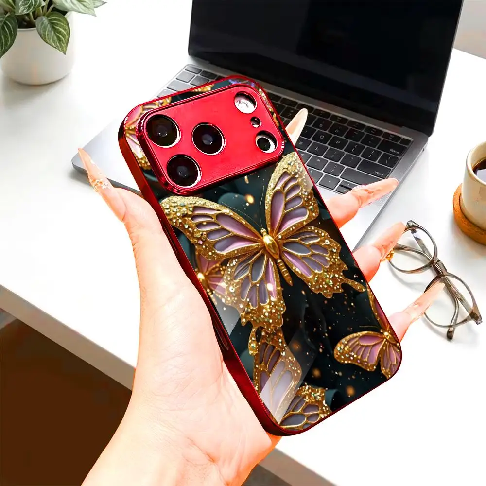 

Purple Gold Butterfly fashion phone cases Glass Phone Case For iphone 17 pro max cover for iPhone 17、16、15、14、13、12、pm Pro Plus