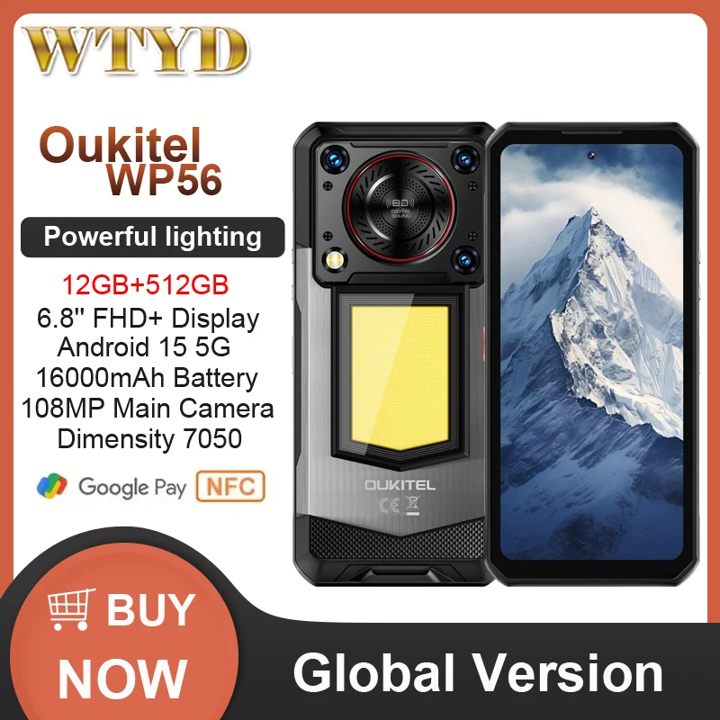 Прочный телефон OUKITEL WP56 12 ГБ + 512 ГБ 6,8 дюйма FHD 120 Гц 16000 мАч 45 Вт 108 МП камера Android 15 Размер 7050 NFC 5G Смартфон