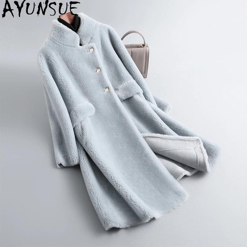AYUNSUE Natural Wool Coats for Woman Stand Collar Mid Length Jacket Winter Lamb Fur Coat Woman Clothes 2025 New Ropa Para Mujer