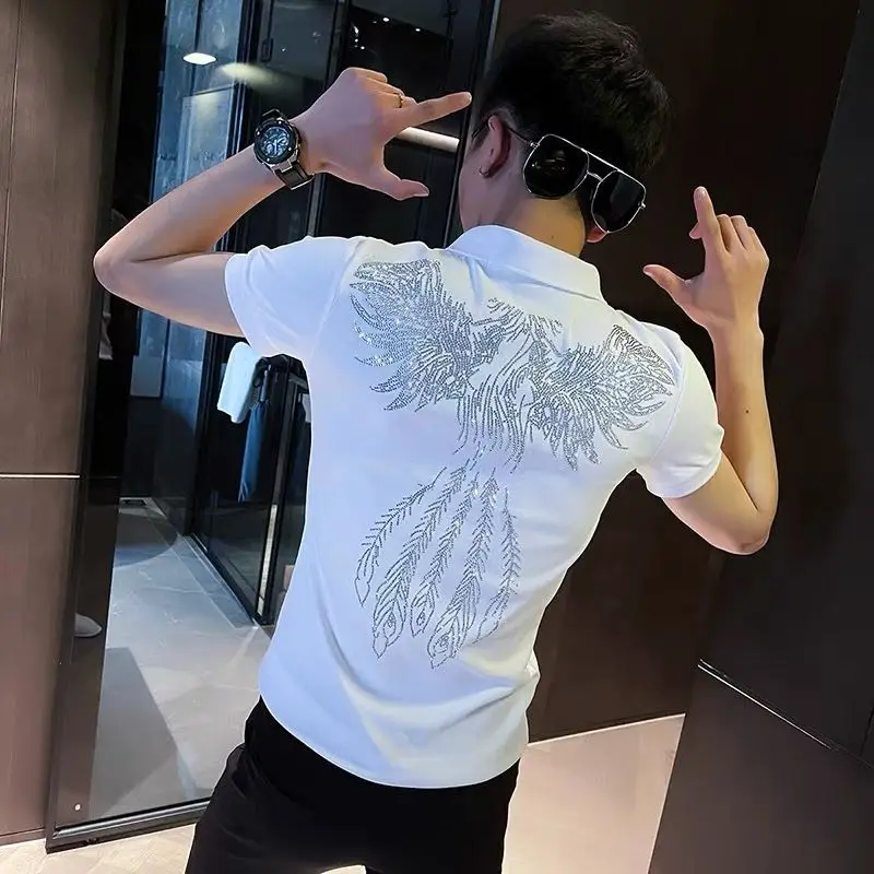 Short Sleeve Rhinestone Mens With Collar T-shirt Slim Fit Male Polo Shirts Vintage Ordinary Cheap Clothes Casual Original Top