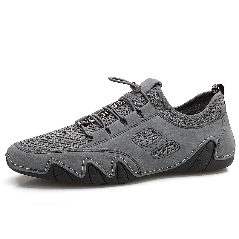

New Men Casual Male Walking Shoes Pigskin Mesh Breathable Comfortable Sports Leather Fashion Men's Sneakers Elastic Band