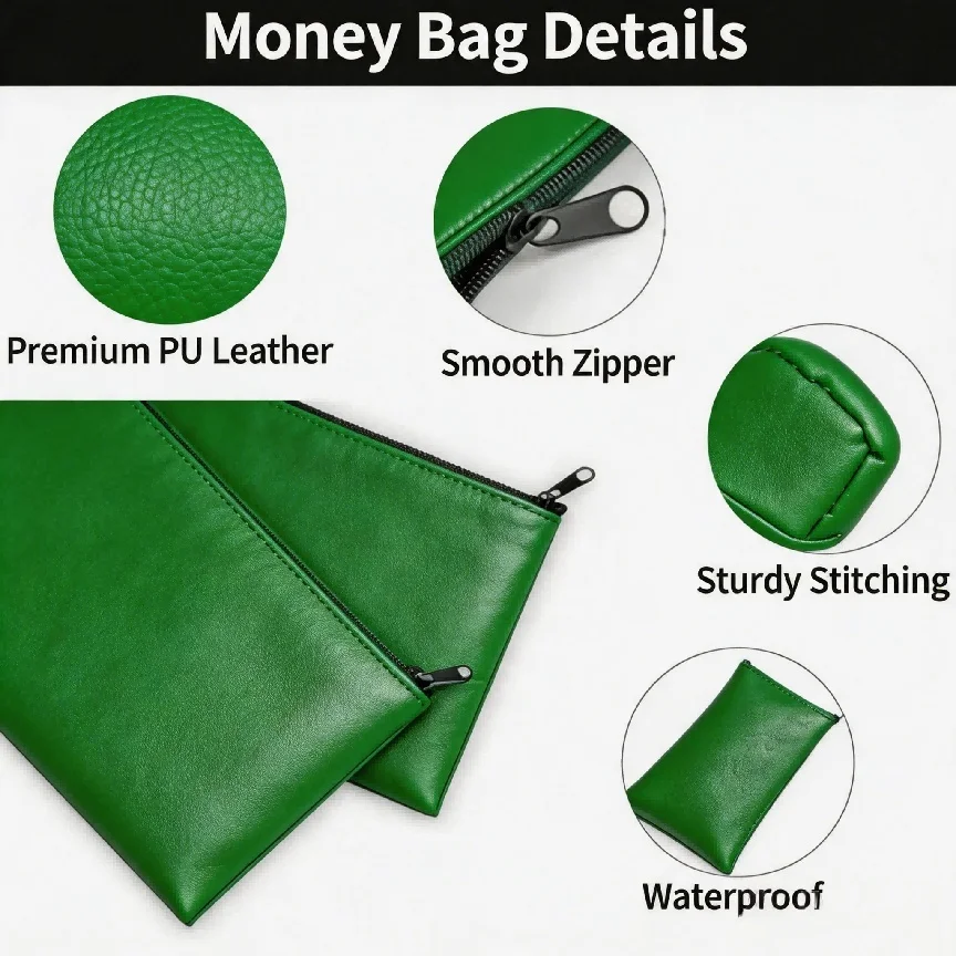 Faux Leather Pencil Pouch Zippered Money Cash Pen Case Secure Zipper Wallet Bank Bag For Coins Bills Invoices Cosmetics Bag