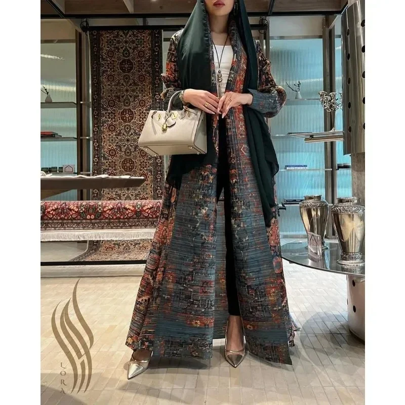 GGHK Pleated Women Luxury Trench Coat 2025 Spring Fall New Vintage Printing Design Loose Large Size Arabian Female Abaya