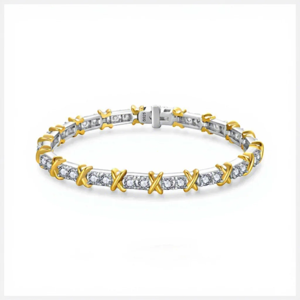 925 Sterling Silver 18K Gold Plated Tennis Bracelet with 3mm Moissanite X-Shaped Link Bangle for Women Wedding Fine Jewelry Gift