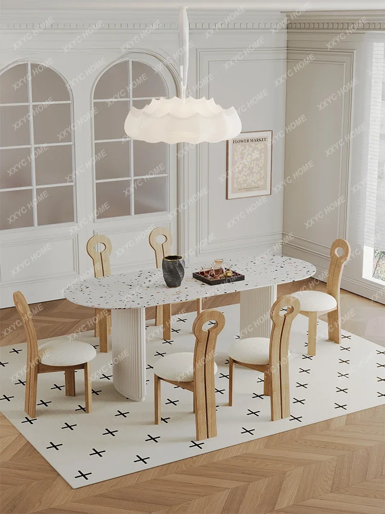 

Light French Cream Style Terrazzo Dining Table Household Small Apartment Dining Table Solid Wood Dining Tables and Chairs Set