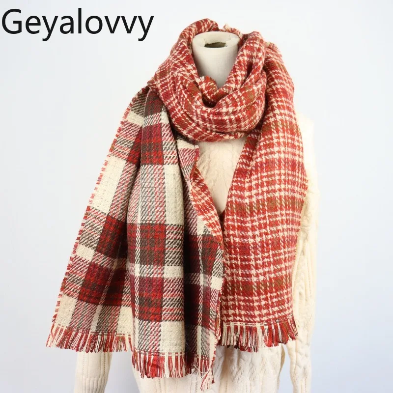 

Vintage Double-Sided Plaid Scarf for Women Autumn Winter Thickened Warm Versatile Long Tassel Shawl Couple Style Japanese Scarf
