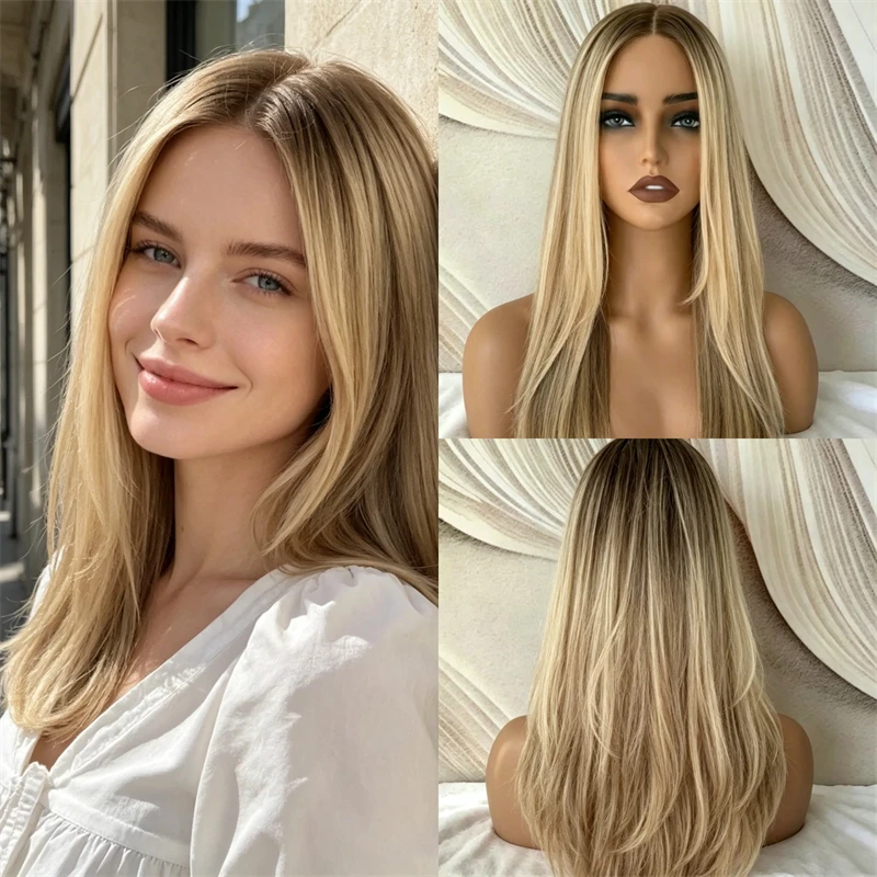 

Original Factory Cheap Wigs Ombre Golden Blonde Brown Highlights Synthetic Lace Front Wig Natural Preplucked Hairline 16 Inches