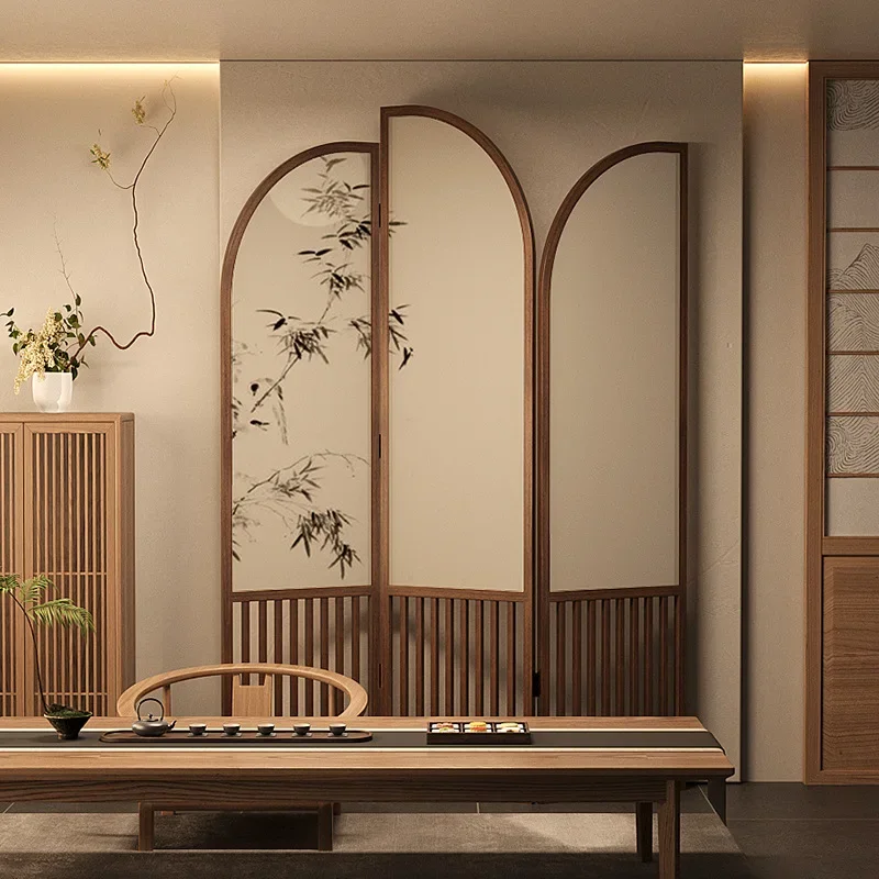 Bamboo moon screen partition living room sofa background wall entrance folding fence folding screen