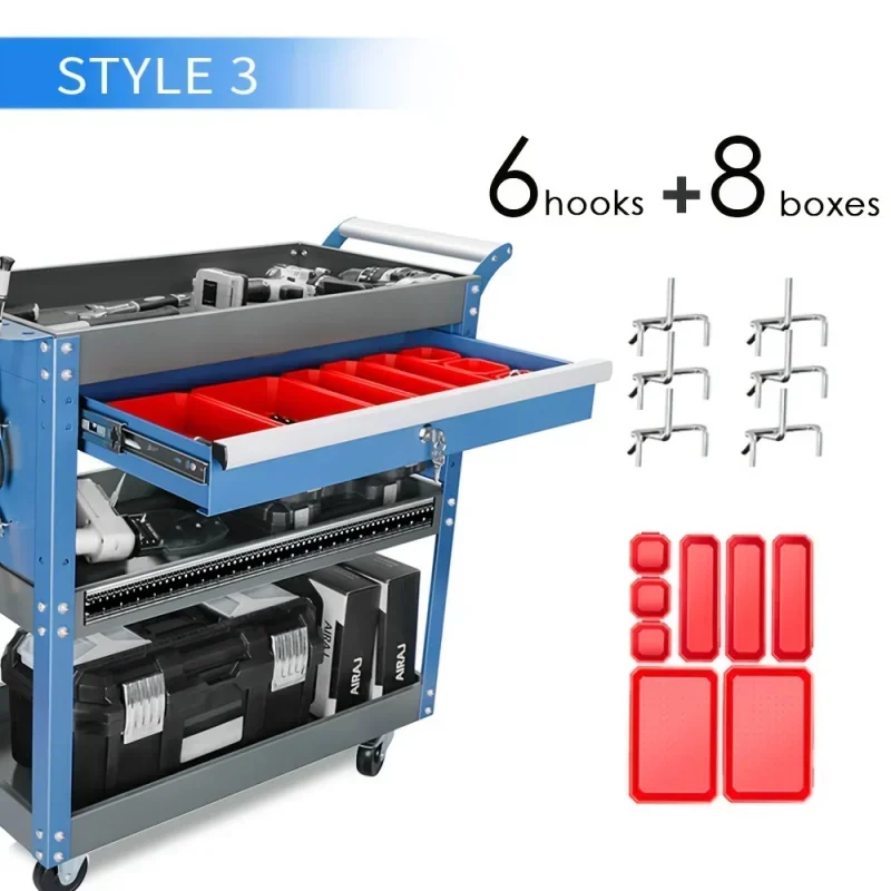 عربة أدوات دوارة مكونة من 3 طبقات بعجلات، عربة ميكانيكية معدنية شديدة التحمل مع أدراج ولوح بيجبورد، سعة 440 رطل، عربة أدوات