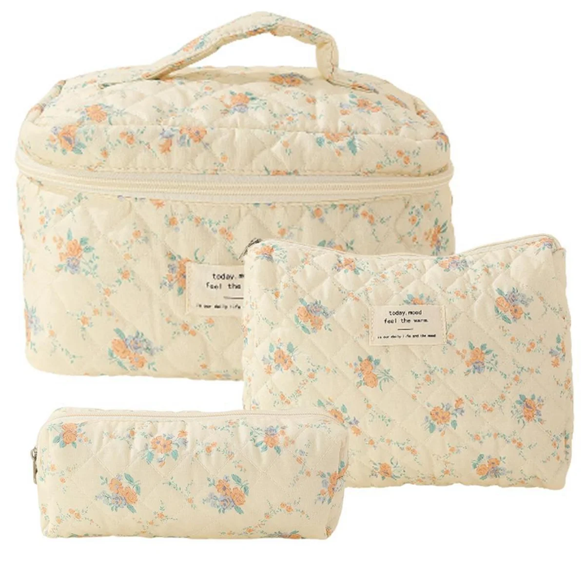 Makeup Cosmetic Bag 3 Pcs Cotton Quilted Makeup Bag Aesthetic Floral Toiletry Bag for Women,B