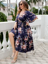 Plus Size Womens Deep V Neck Ruffle Sleeve Dress Wrap Belt Blue Robe Summer Casual Cocktail Party Work Swing A-line Sundress