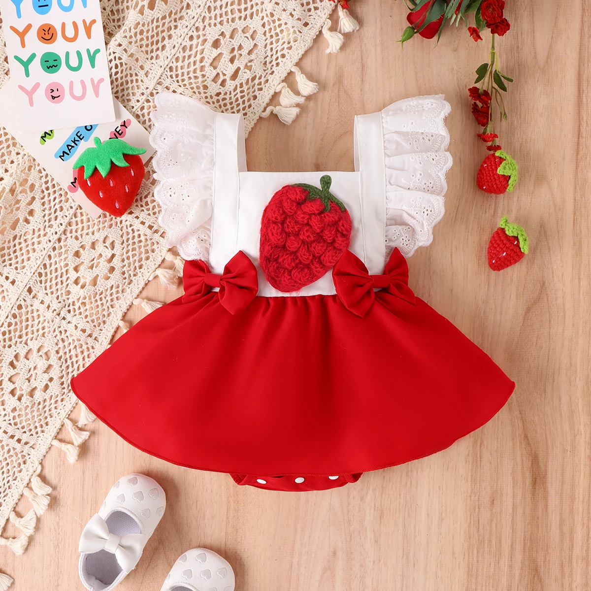 Summer 0-1 Year Old Baby Fashion Trend Cute Comfortable Soft Personality Strawberry One-Piece Dress Pattern Three-Dimensional