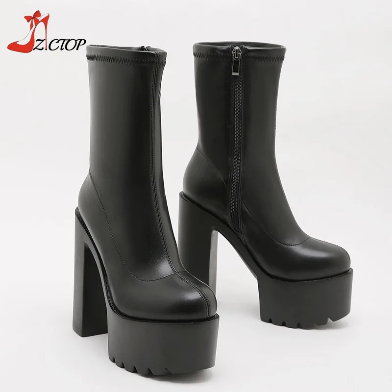 14 سنتيمتر عالية الكعب المرأة منصة منتصف العجل الأحذية الكاحل الجانب سستة دراجة نارية الكاحل الجوارب موضة الأسود فاسق الأحذية #5