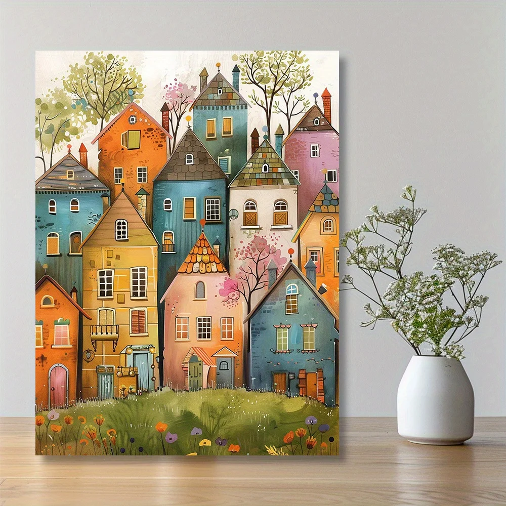 1pc Whimsical Village Canvas Poster - Charming Colorful House Illustrations Wall Art, Fabric Material, Hanging Attachment Met