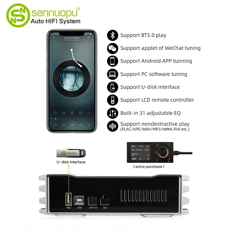 Sennuopu Power Digital Designs Car Subwoofer Amplifier Audio Amp 4 Channel DSP Car Amplifiers Universal Aluminium Alloy 2 KG