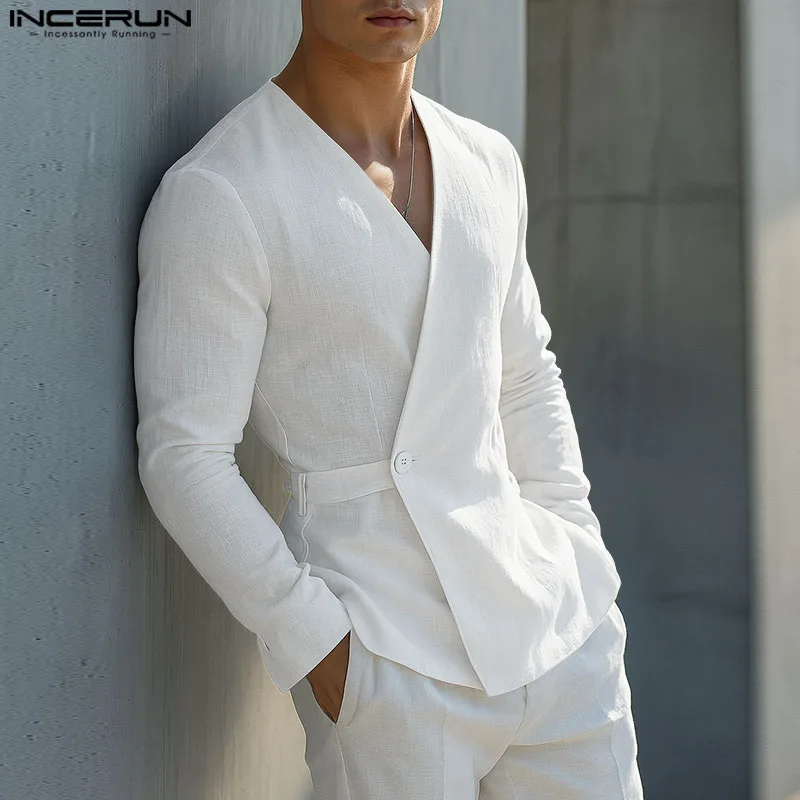 

INCERUN Мужская рубашка однотонного цвета с v-образным вырезом и длинным рукавом на одной пуговице Мужские рубашки уличная одежда 2025 Осень Хлопок Повседневная мужская одежда S-5XL