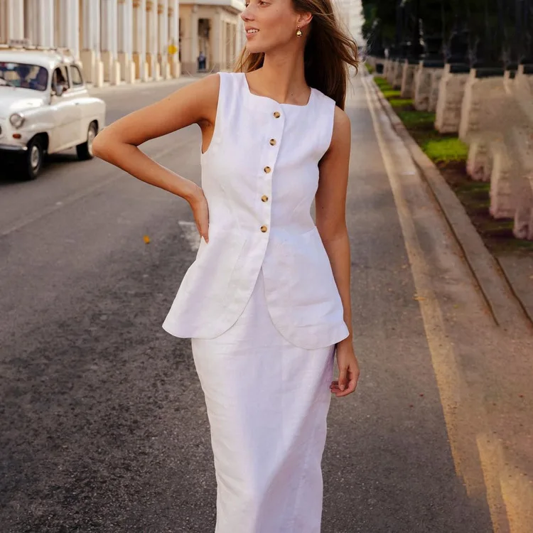 White Cotton High Waist Skirt Suit Women Sleeveless Vest 2-Piece Casual Professional Style