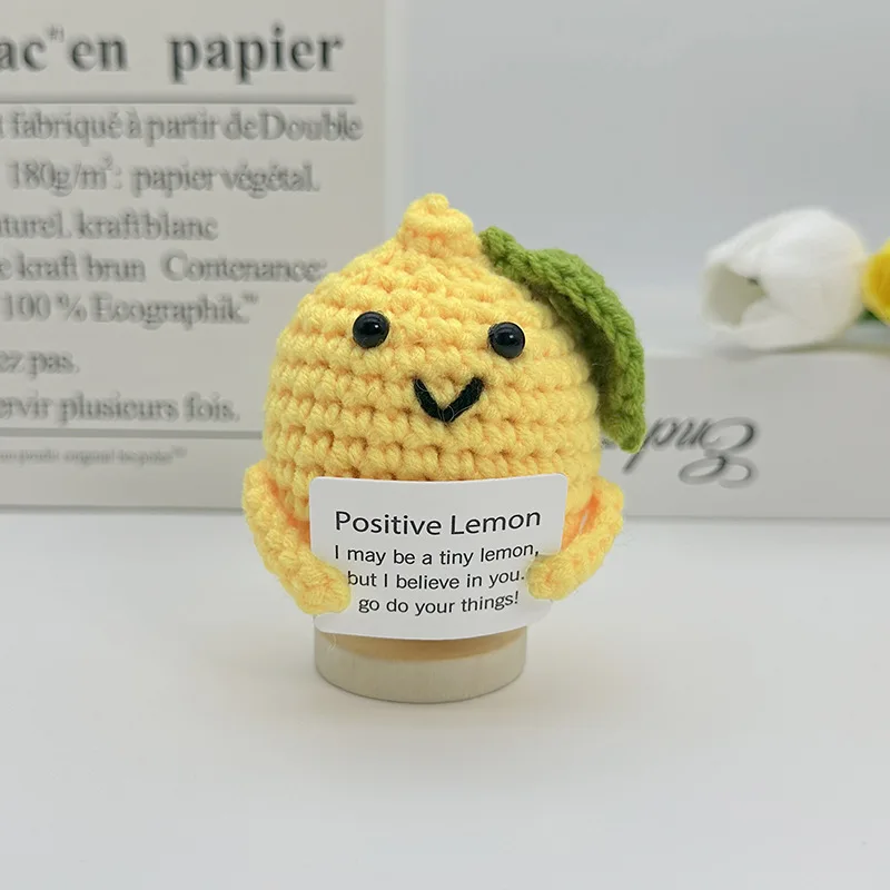 Cute Knitted Lemon Doll with Emotional Encouragement Card Cheer up Dolls Handmade Crochet Positive Lemon Desktop Ornament Gift